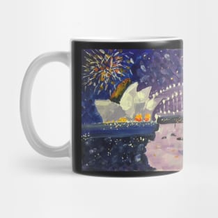 Sydney Harbour New Year Eve Fireworks 2, a painting by Geoff Hargraves Mug